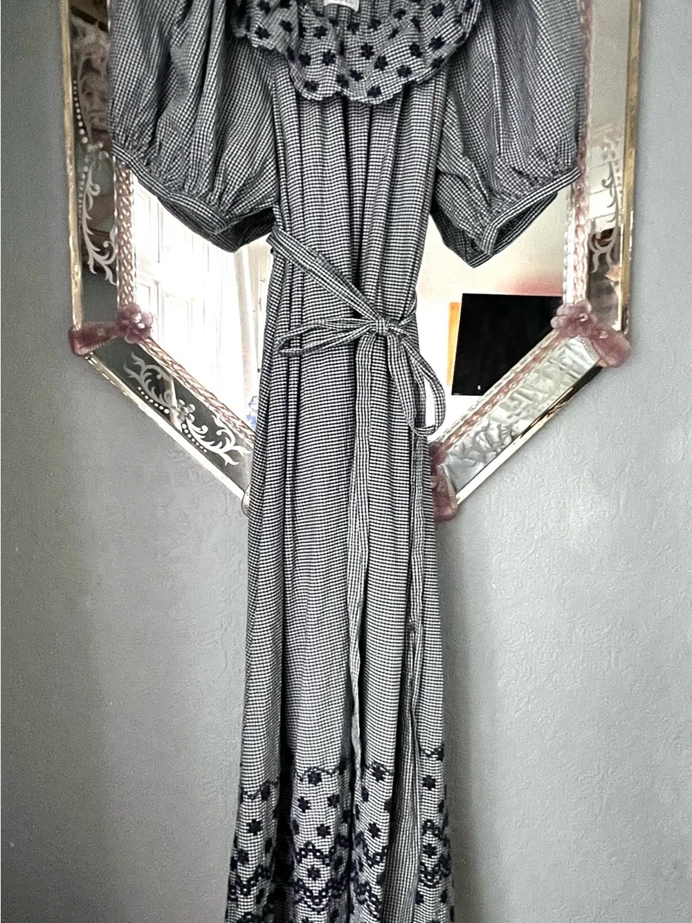 Doen Navy and White Checked Maxi dress with Puff Sleeves and Embroidered Hem.